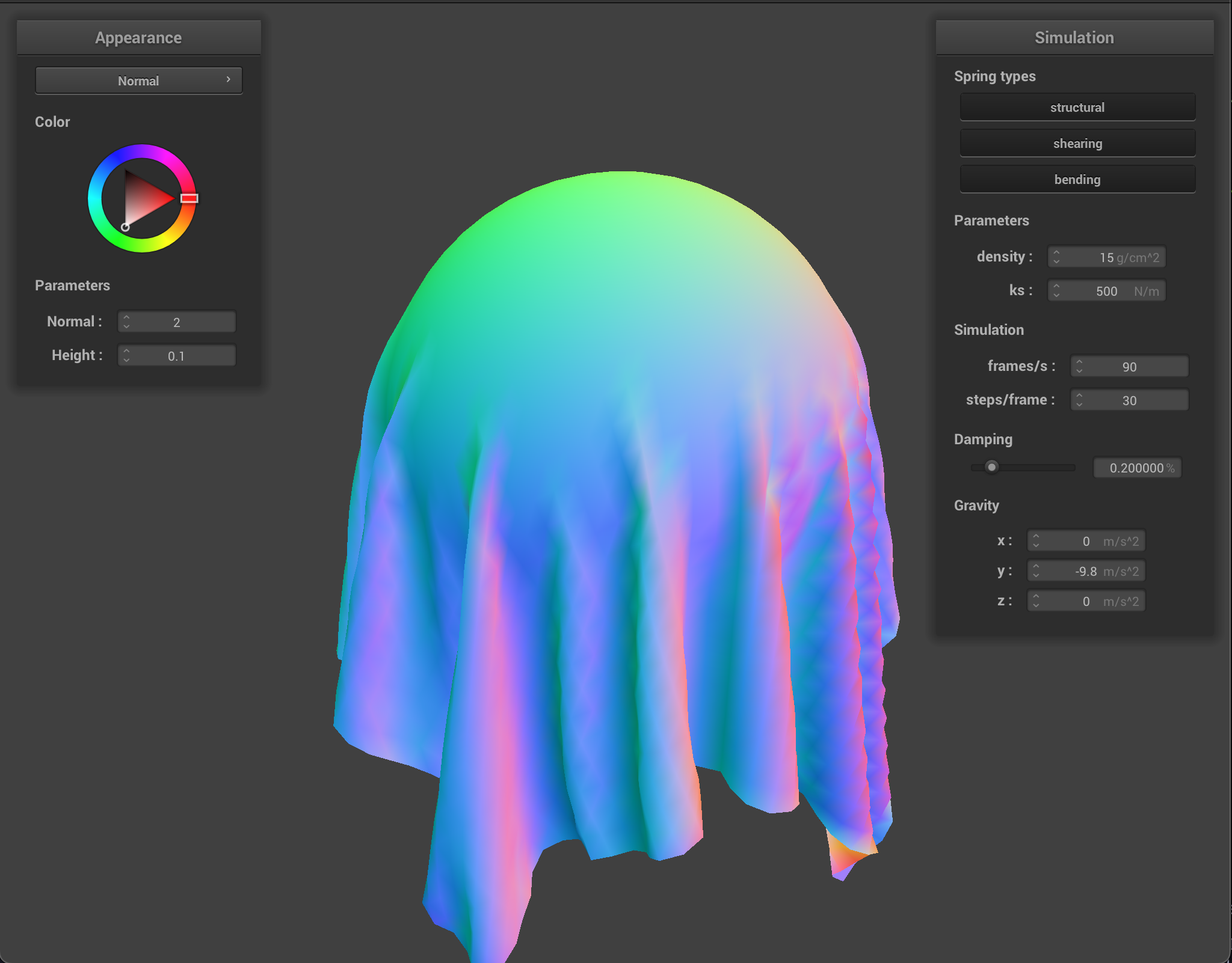 Sphere, cloth collision with ks = 500, density = 15, damping = .2