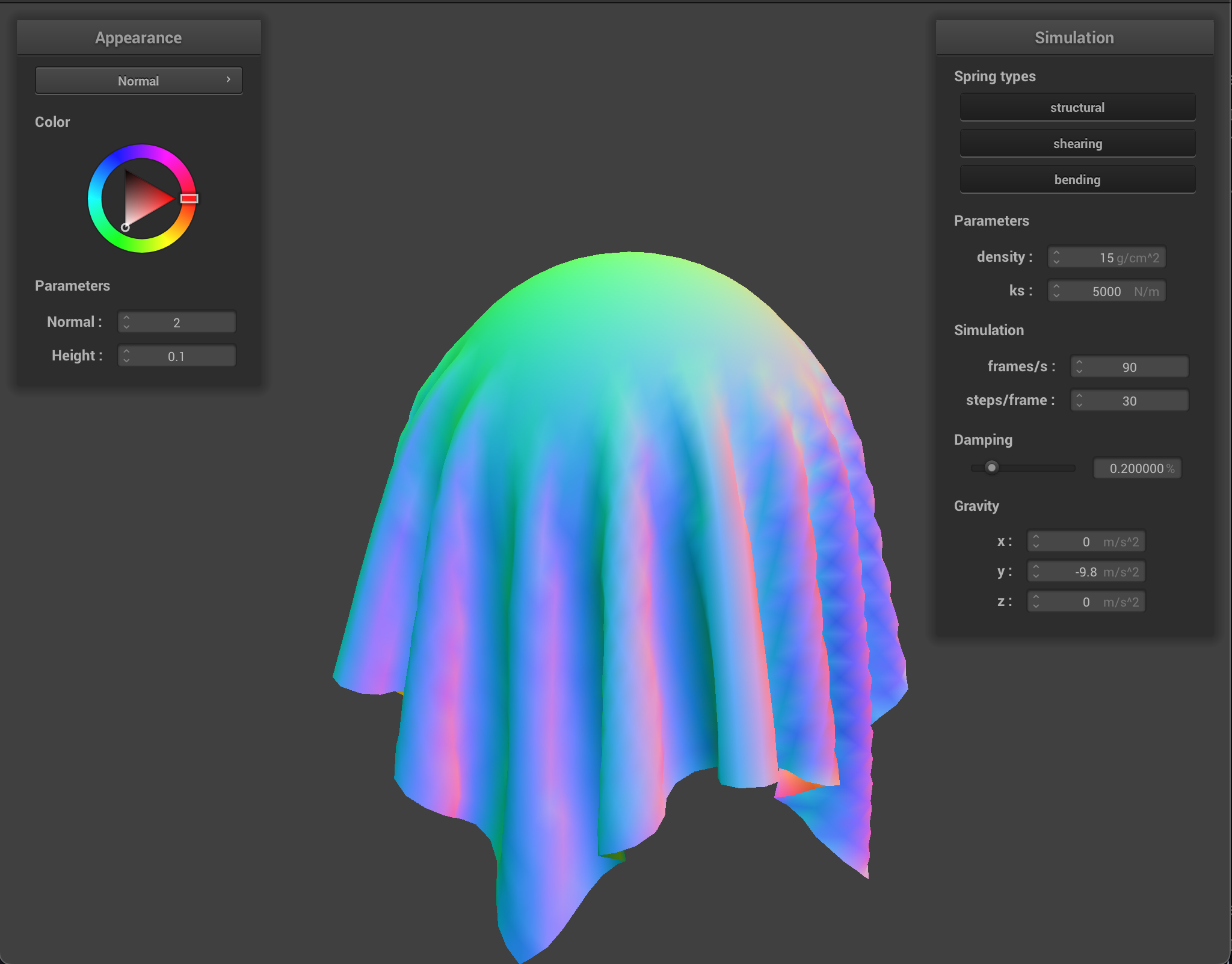 Sphere, cloth collision with ks = 5000, density = 15, damping = .2