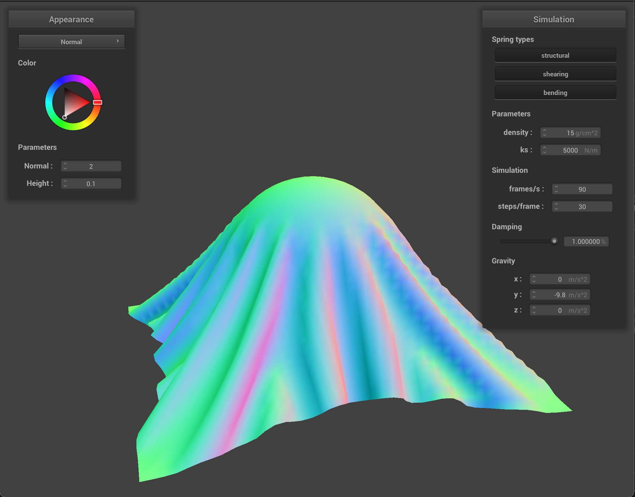 Sphere, cloth collision with ks = 5000, density = 15, damping = 1