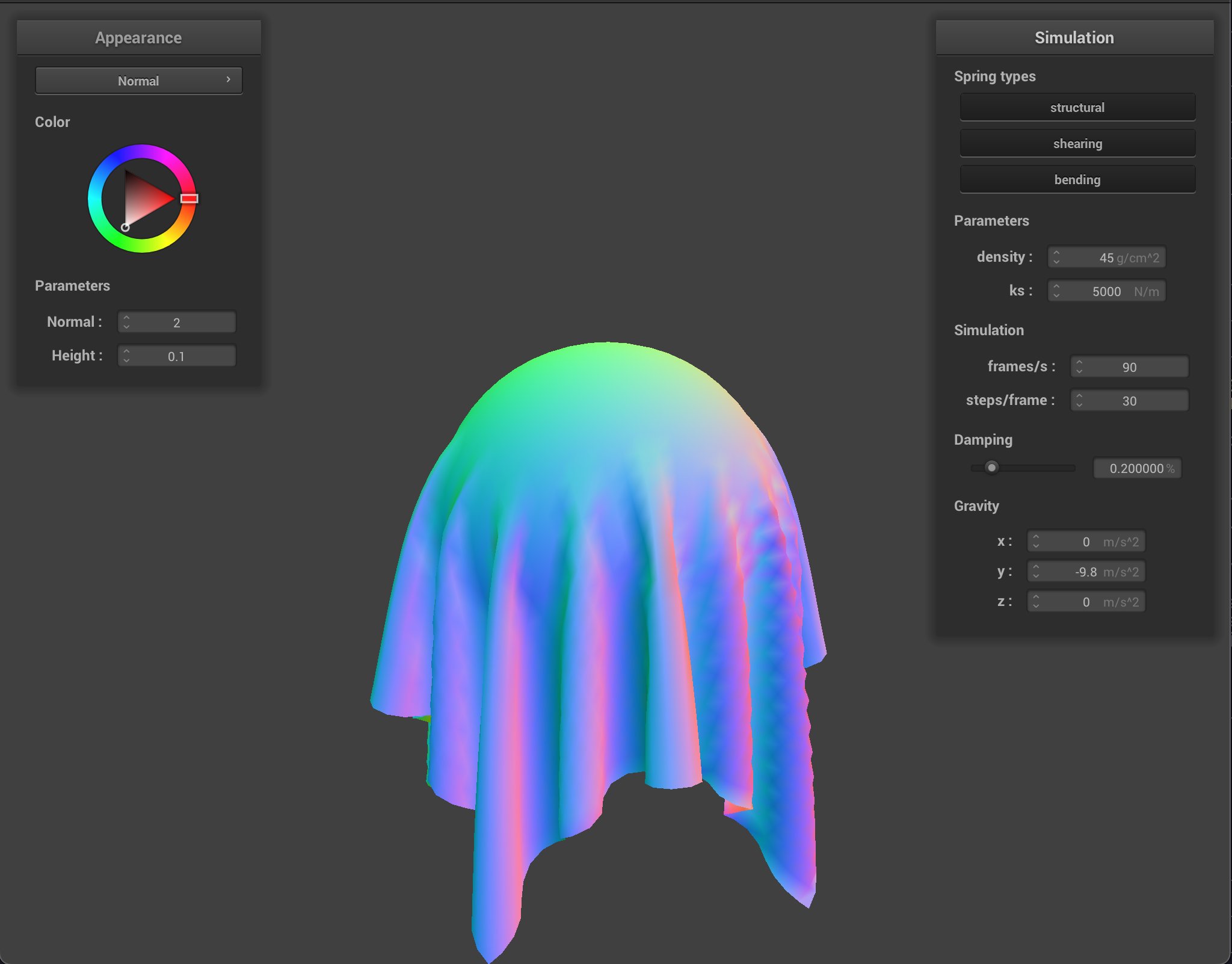 Sphere, cloth collision with ks = 5000, density = 45, damping = .2