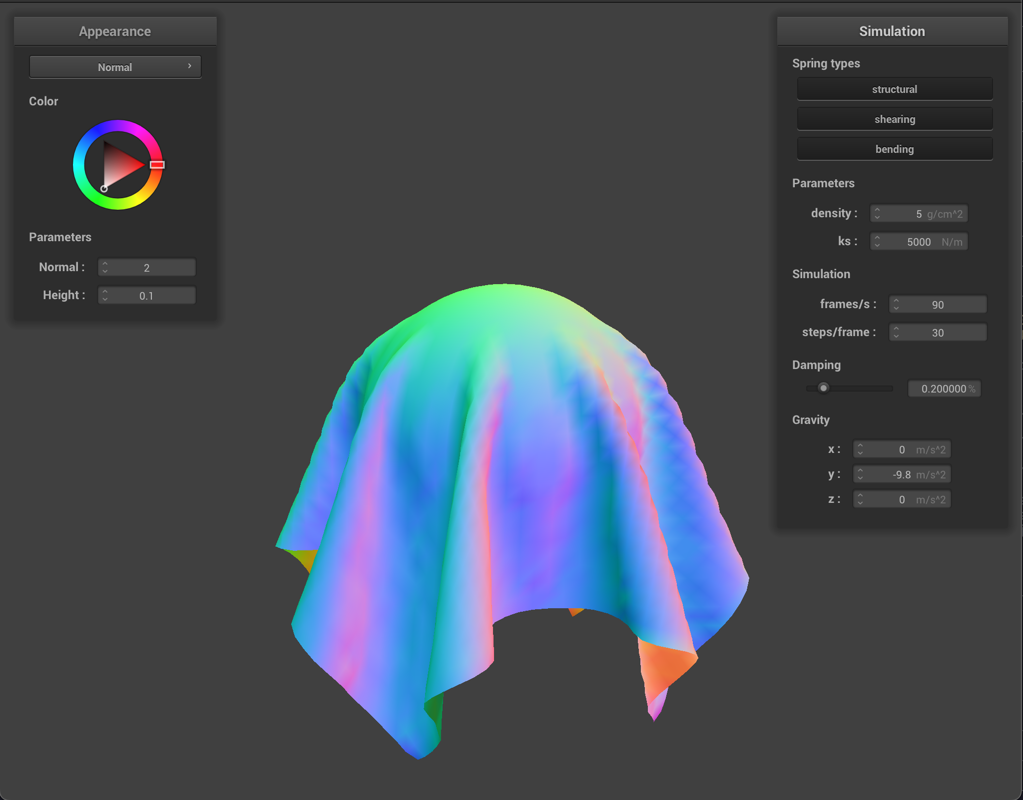 Sphere, cloth collision with ks = 5000, density = 5, damping = .2